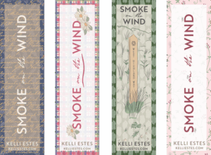 Image of four bookmarks with pattern designs and text of the book title Smoke on the Wind by Kelli Estes.