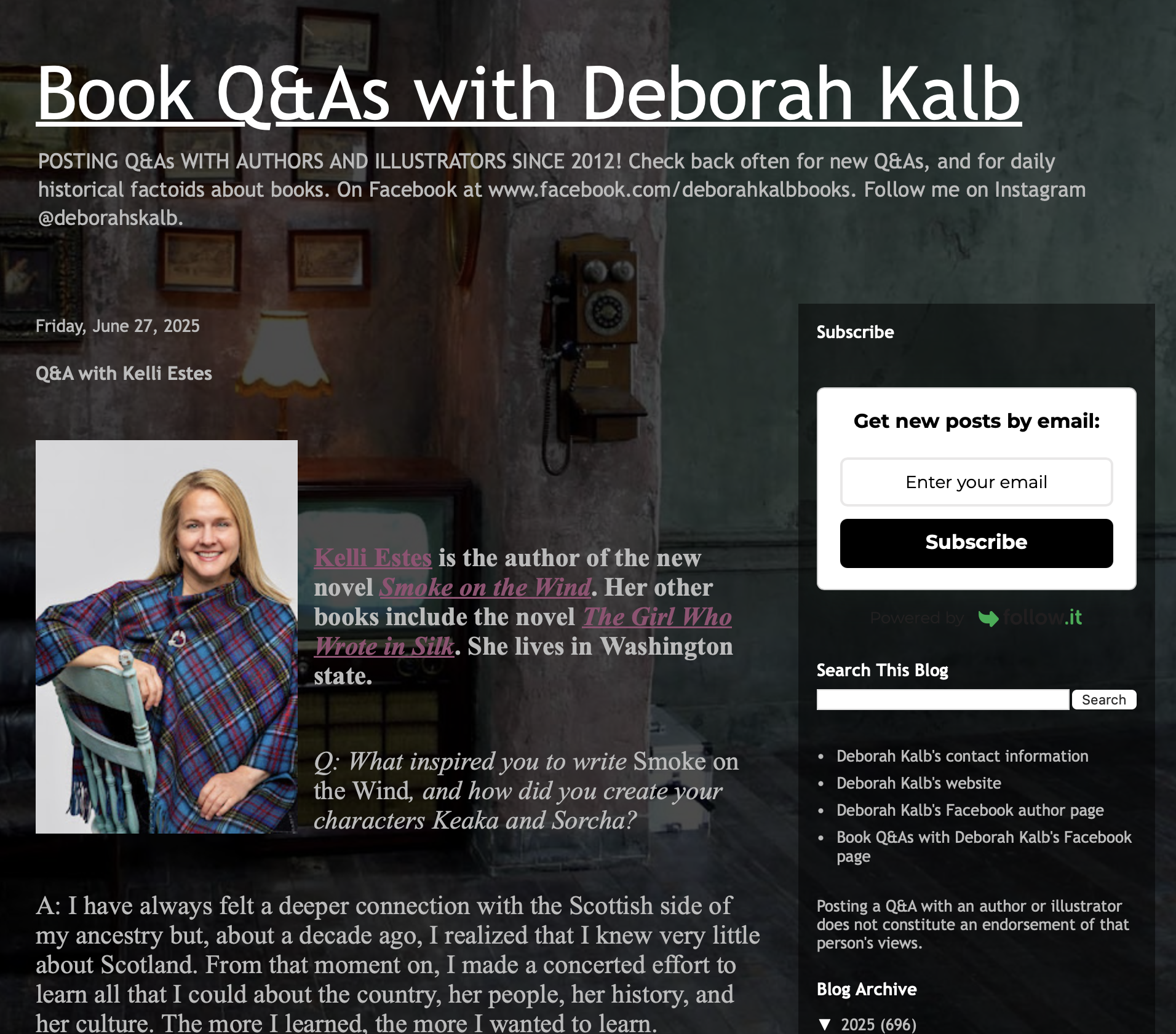 A 3-dimensional image of a book showing a woman in historical clothing and a tartan wrap on her arms standing in the Scottish Highlands. A walking trail is seen behind her disappearing into the mountains. The title of the book is Smoke on the Wind by USA Today bestselling author Kelli Estes.