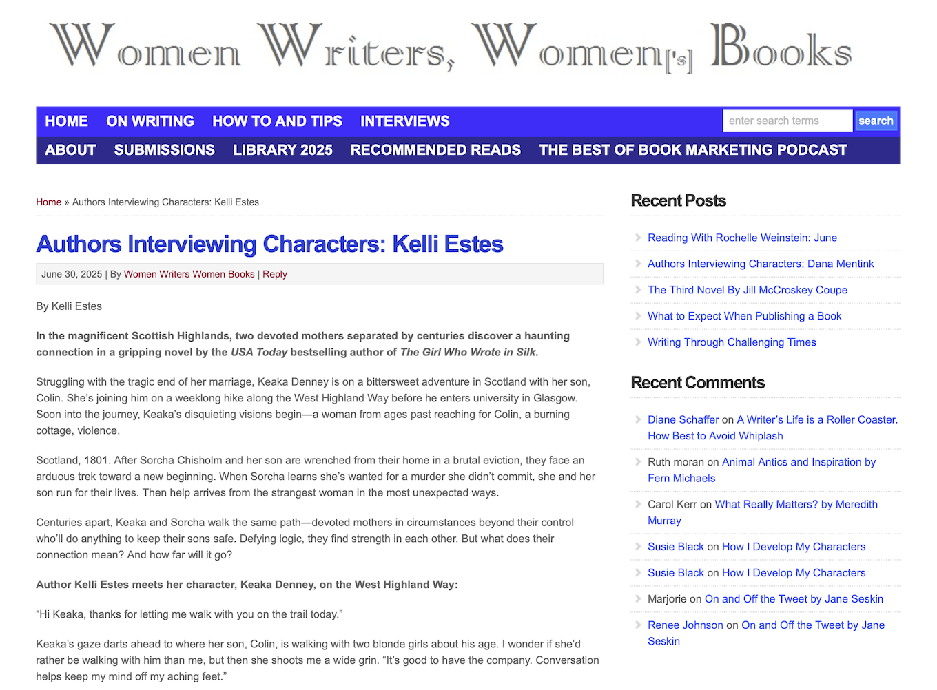 A 3-dimensional image of a book showing a woman in historical clothing and a tartan wrap on her arms standing in the Scottish Highlands. A walking trail is seen behind her disappearing into the mountains. The title of the book is Smoke on the Wind by USA Today bestselling author Kelli Estes.